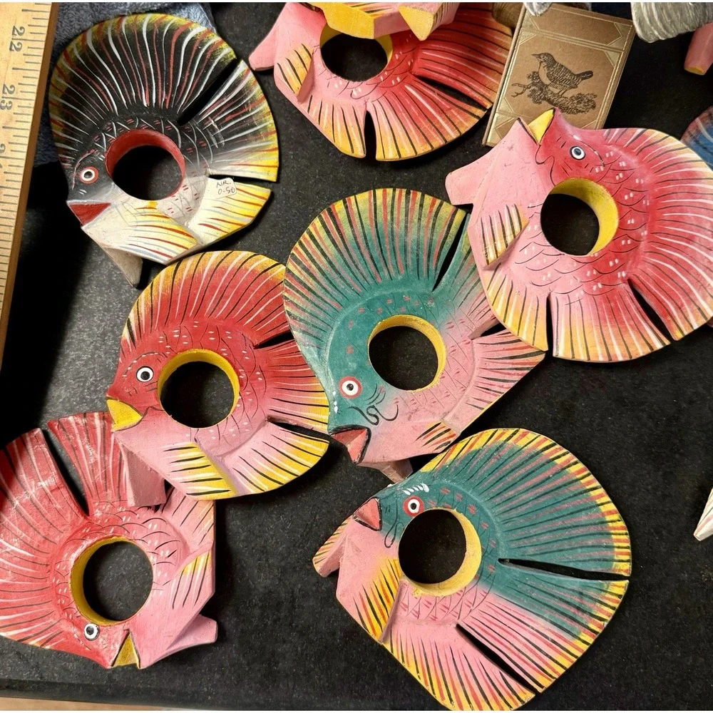 Vintage Hand Carved Wooden Fish Napkin Rings Lot of 19 Philippines Tiki MCM